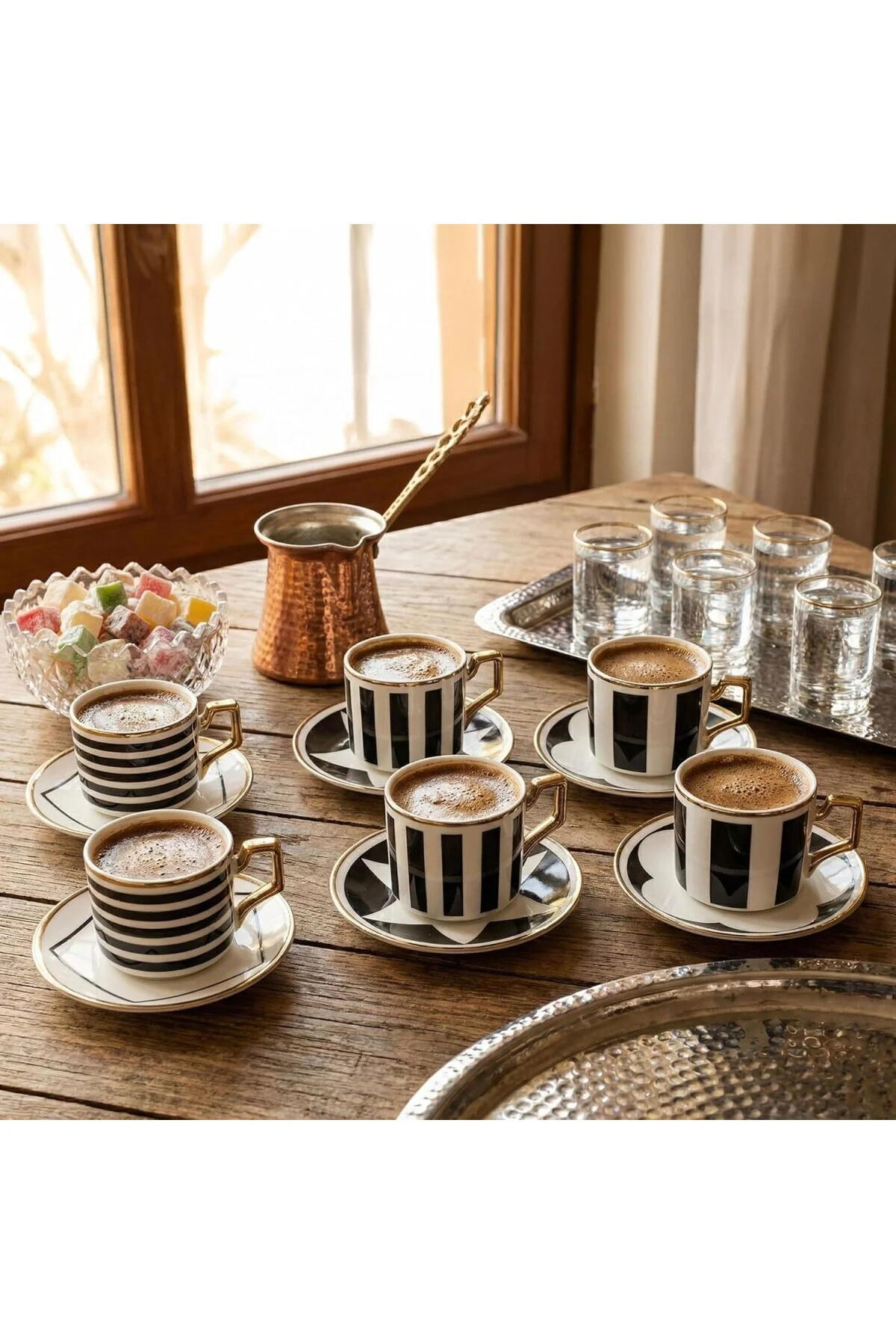 6 Kişilik Porselen Türk Kahvesi Fincan Takımı – Modern Siyah Beya