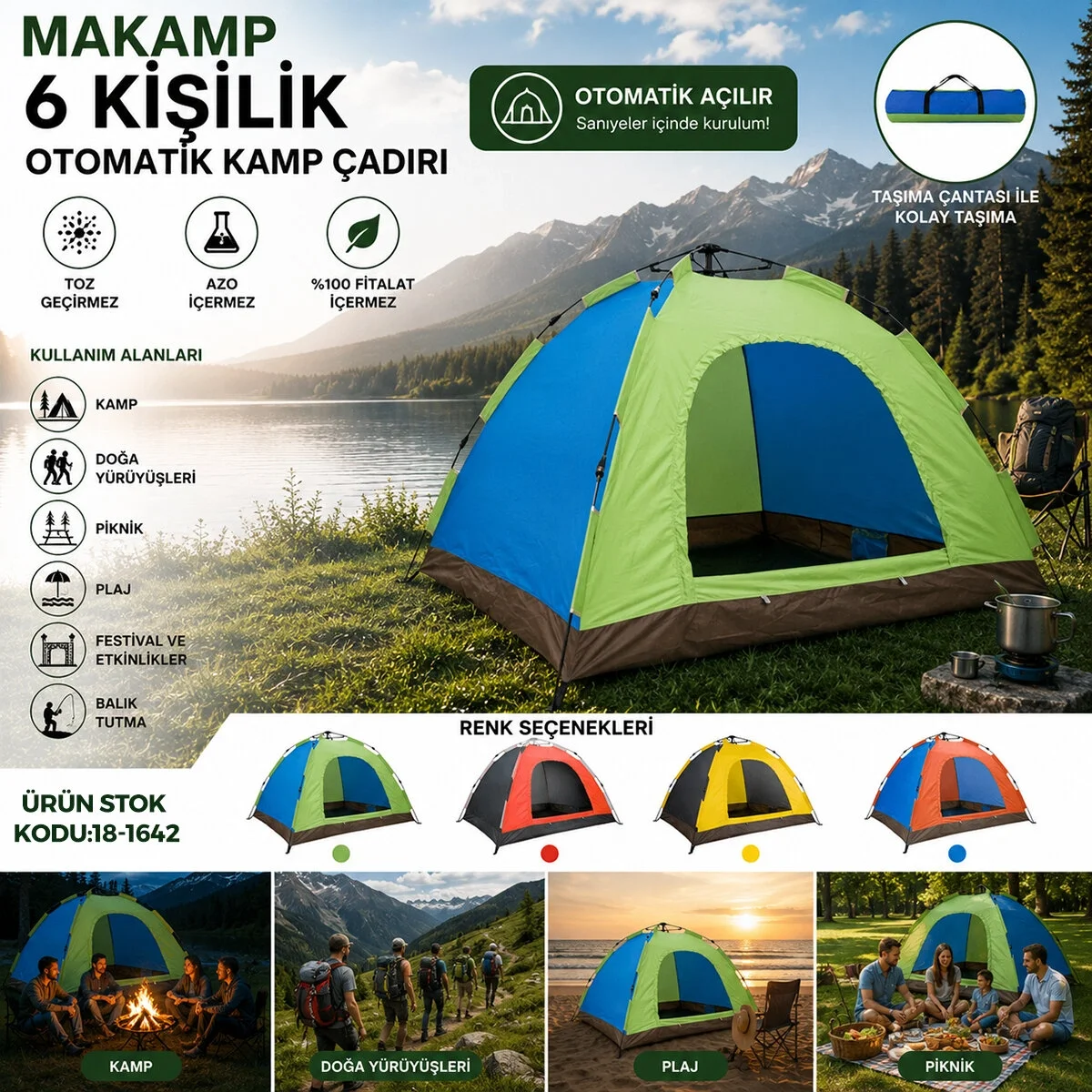6 Kişilik Toz Geçirmez 220cmx250cmx165cm Otomatik Kamp Çadır Herhangi Bir Renk Gönderilir Bx40 Fiyatı, Yorumları ve Özellikleri