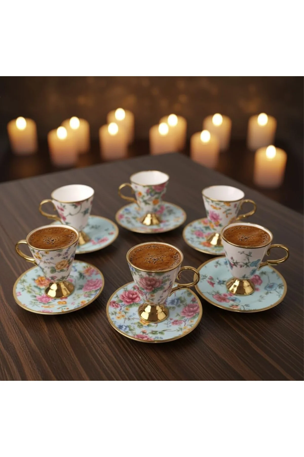 6 Kişilik Vintage Porselen Türk Kahvesi Fincan Takımı, Pembe Gül 