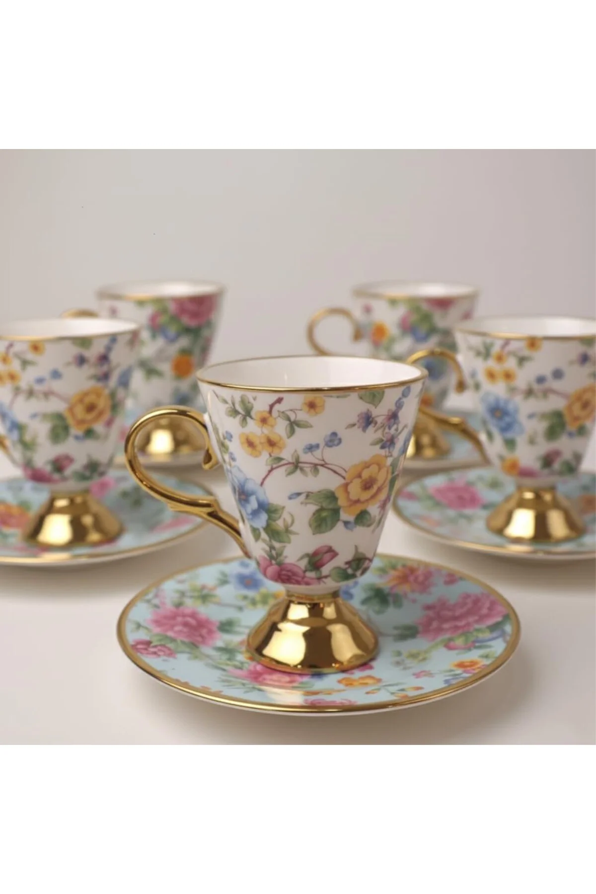 6 Kişilik Vintage Porselen Türk Kahvesi Fincan Takımı, Pembe Gül 
