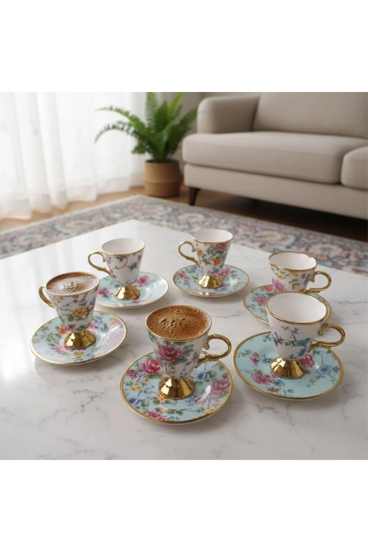 6 Kişilik Vintage Porselen Türk Kahvesi Fincan Takımı, Pembe Gül 