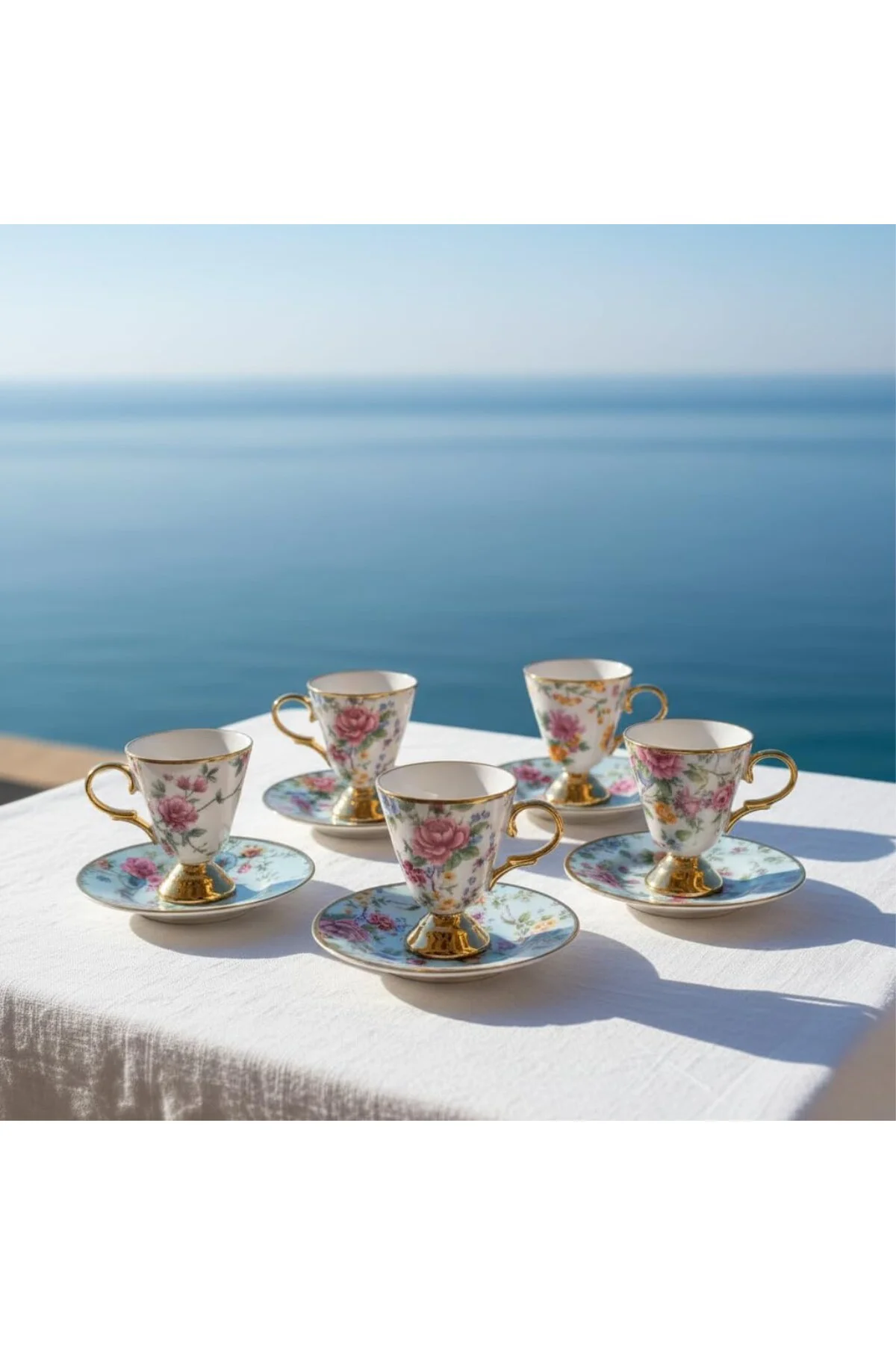 6 Kişilik Vintage Porselen Türk Kahvesi Fincan Takımı, Pembe Gül 