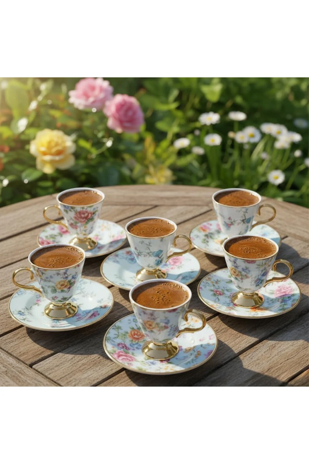 6 Kişilik Vintage Porselen Türk Kahvesi Fincan Takımı, Pembe Gül 