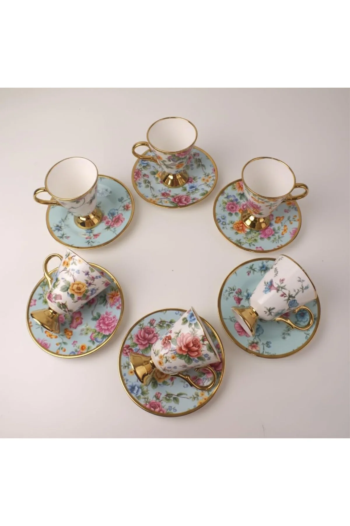6 Kişilik Vintage Porselen Türk Kahvesi Fincan Takımı, Pembe Gül 