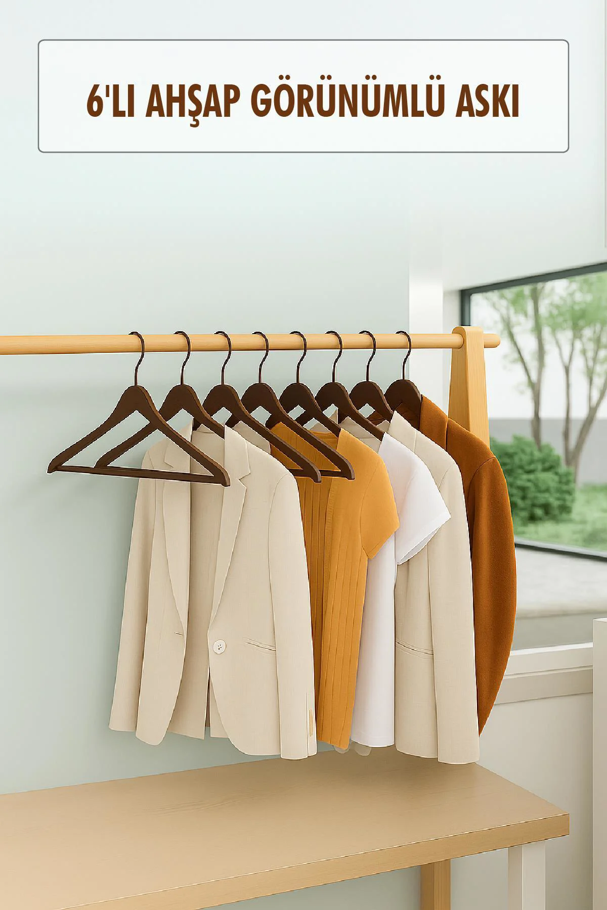 6 lı Ahşap Görünümlü Askı Kahve 44 cm
