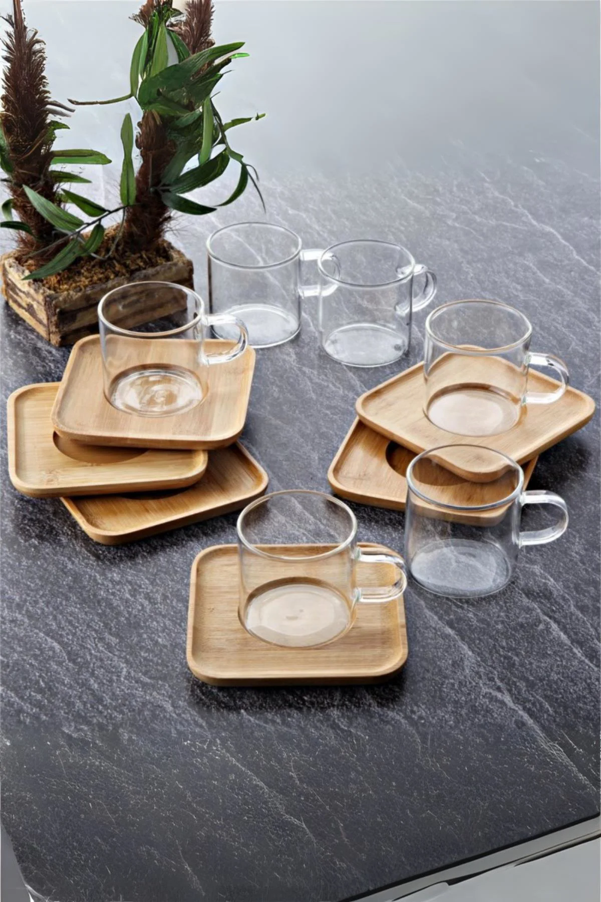 6 Lı Cam Çay Fincanı Seti Bambu Tabanlı 200 ml
