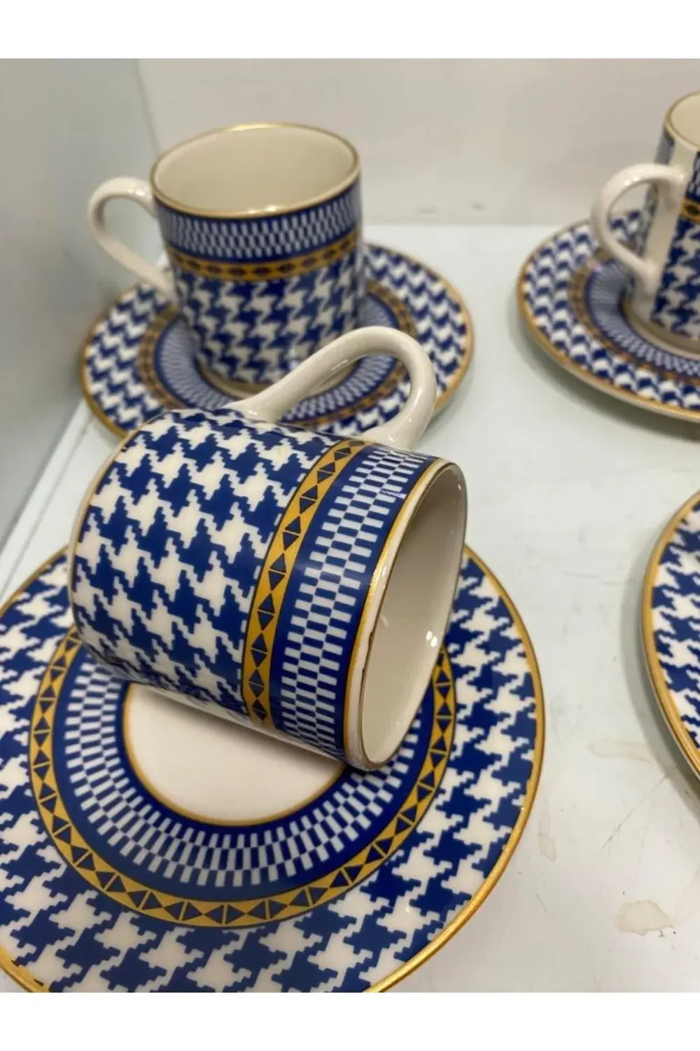 6 Lı Kaz Ayağı Desen Kahve Fincanı Seti (MAVİ)