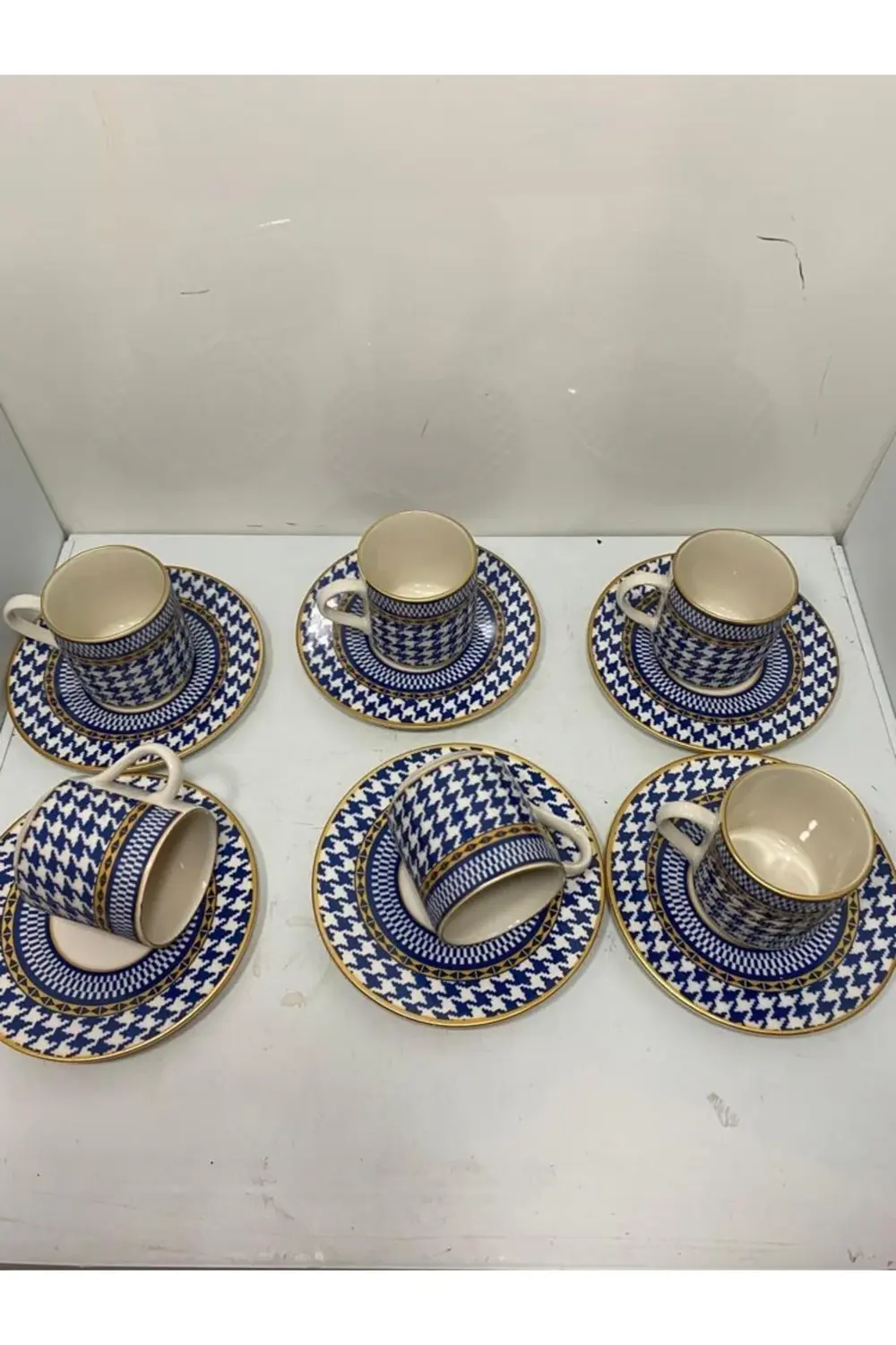 6 Lı Kaz Ayağı Desen Kahve Fincanı Seti (MAVİ)