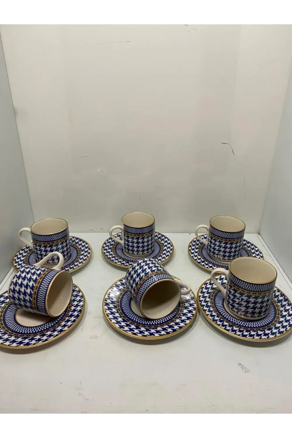 6 Lı Kaz Ayağı Desen Kahve Fincanı Seti (MAVİ)