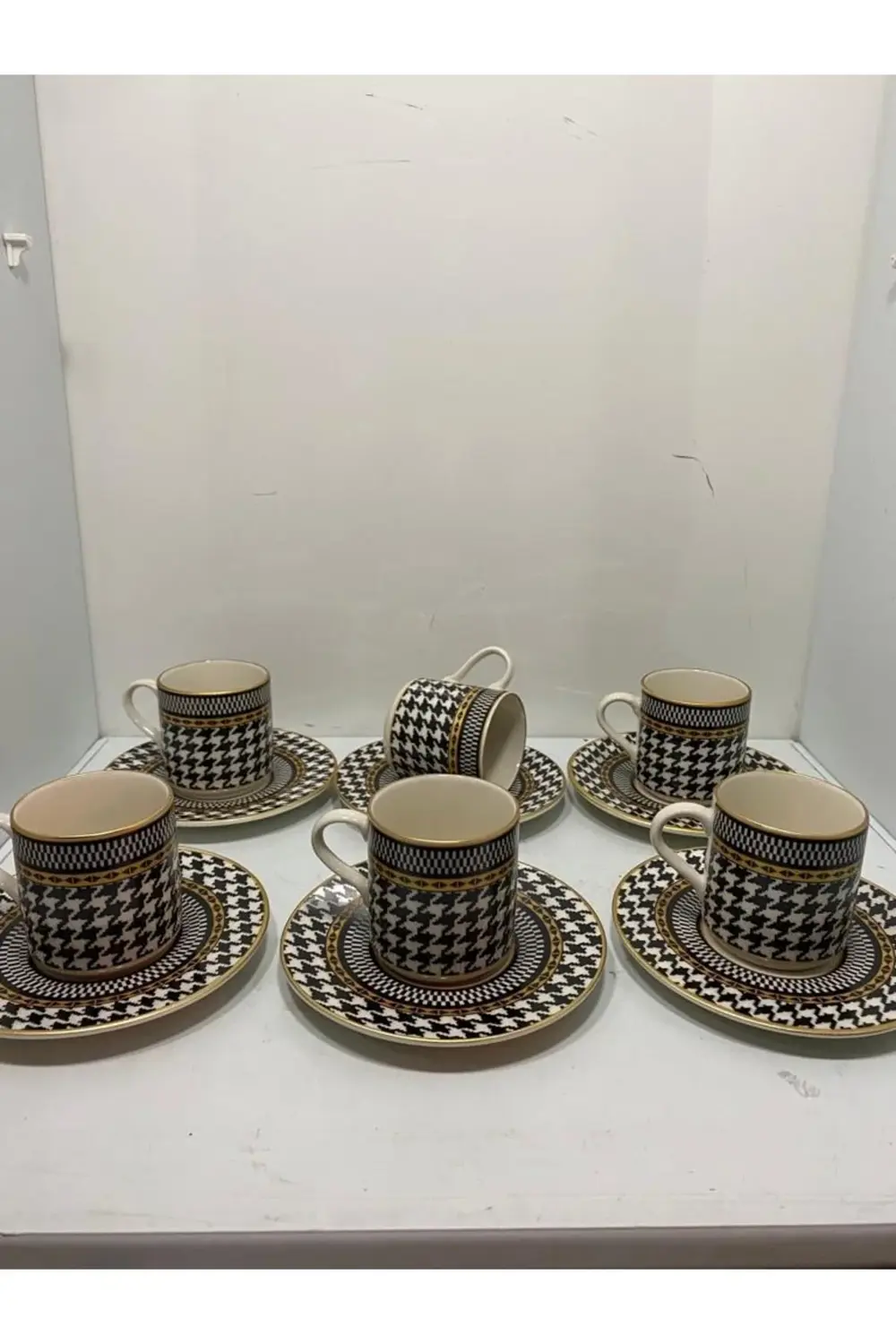 6 Lı Kaz Ayağı Desen Kahve Fincanı Seti