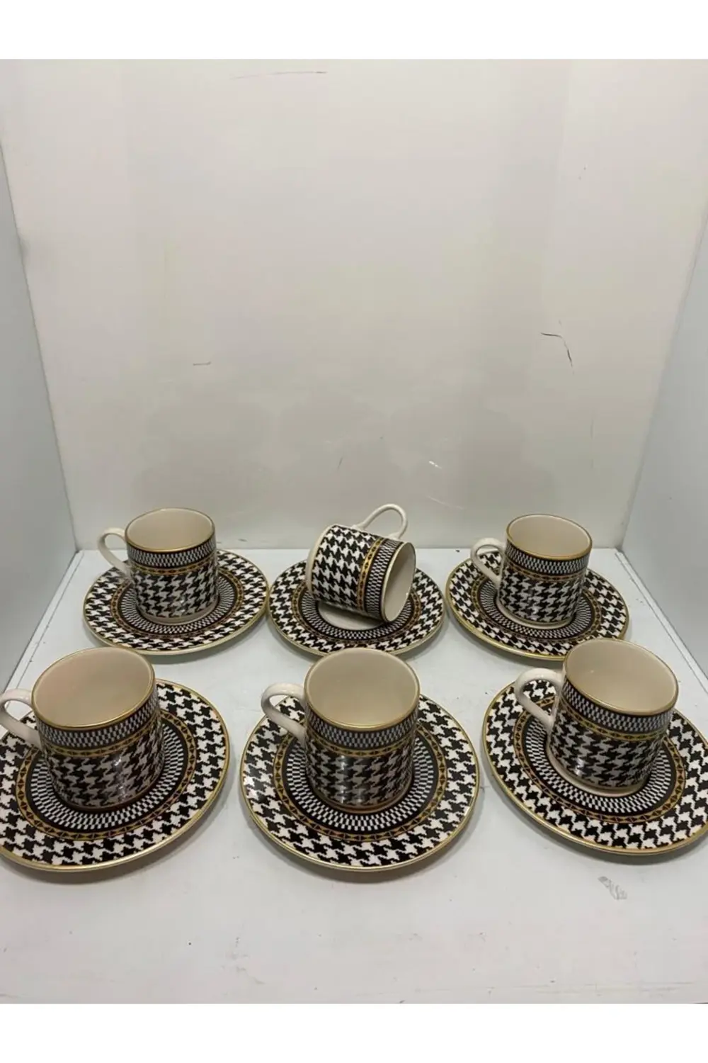 6 Lı Kaz Ayağı Desen Kahve Fincanı Seti