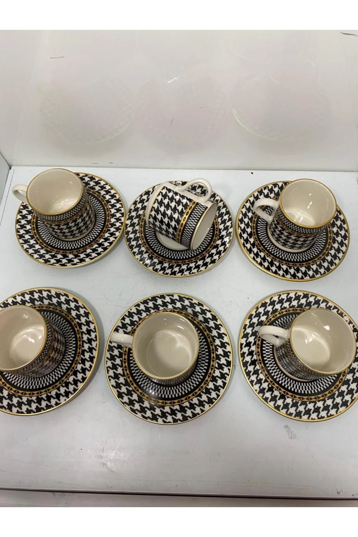 6 Lı Kaz Ayağı Desen Kahve Fincanı Seti
