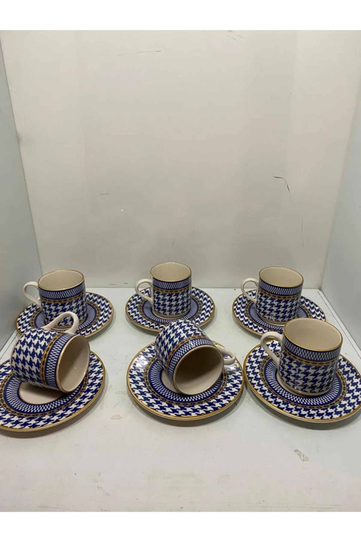 6 Lı Kaz Ayağı Desen Kahve Fincanı Seti (MAVİ)