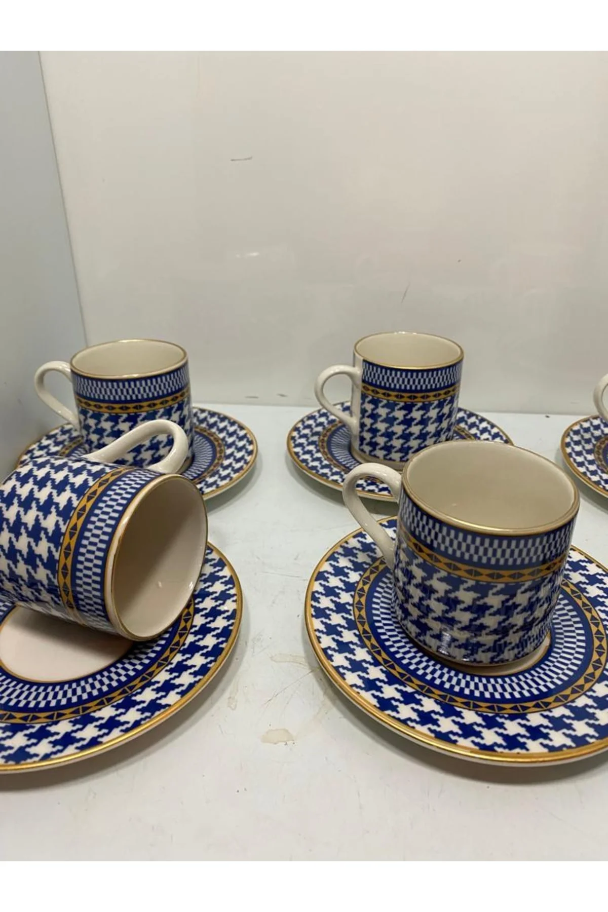 6 Lı Kaz Ayağı Desen Kahve Fincanı Seti (MAVİ)
