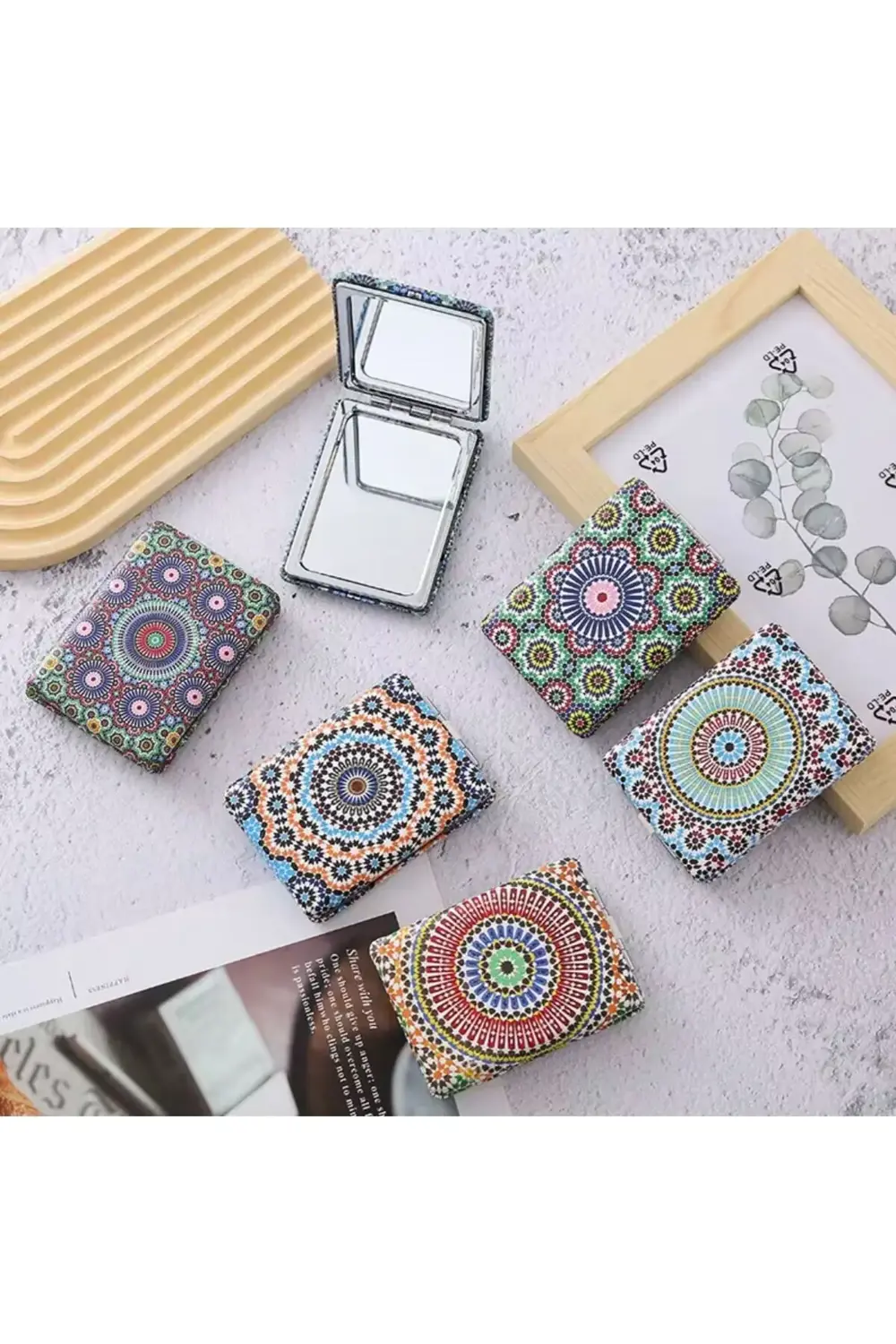 6 lı Mandala Desenli Katlanabilir Çift Taraflı Makyaj Aynası Seti