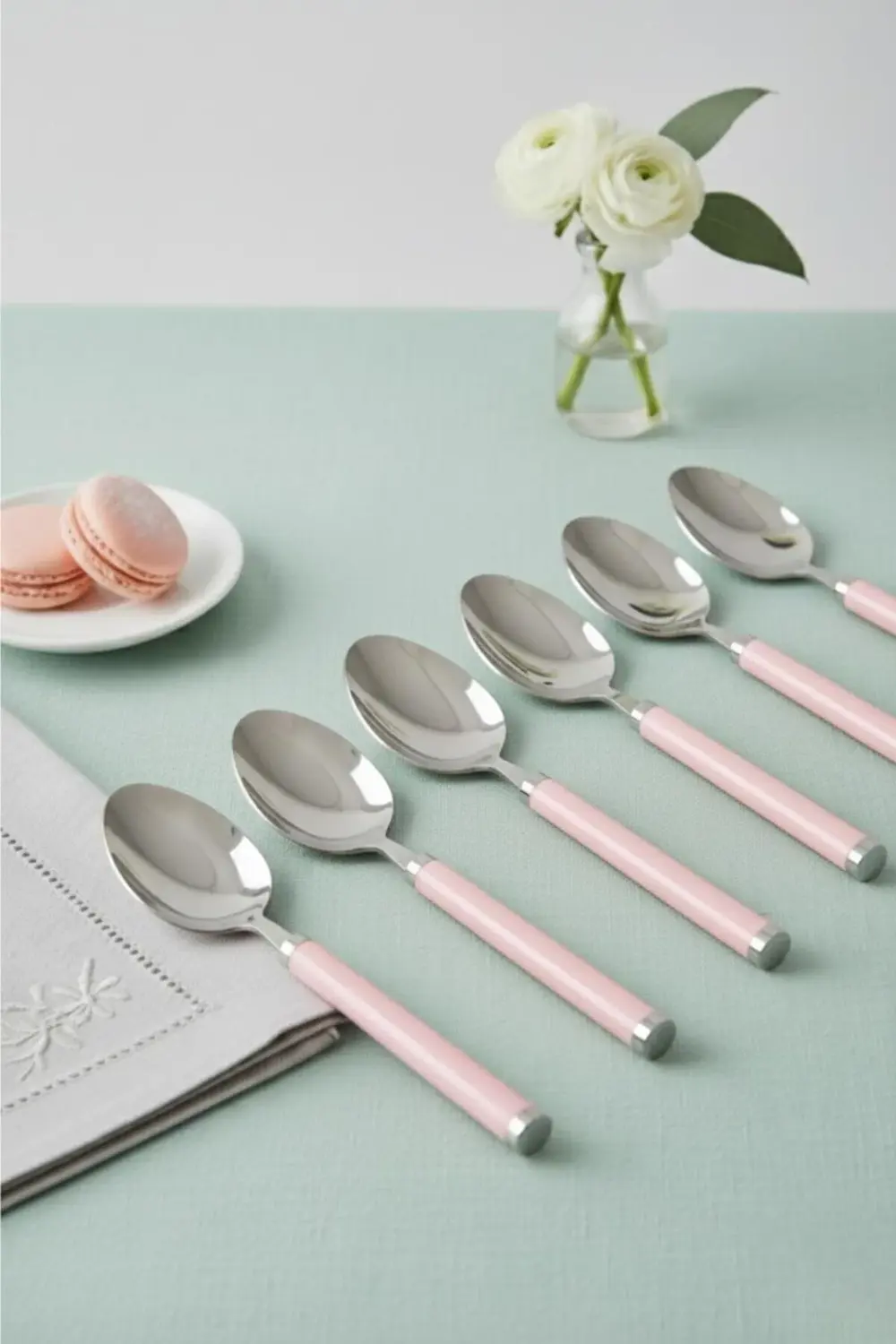 6 lı Paslanmaz Çelik Tatlı Kaşığı Seti Somon Pembe Saplı 15 cm