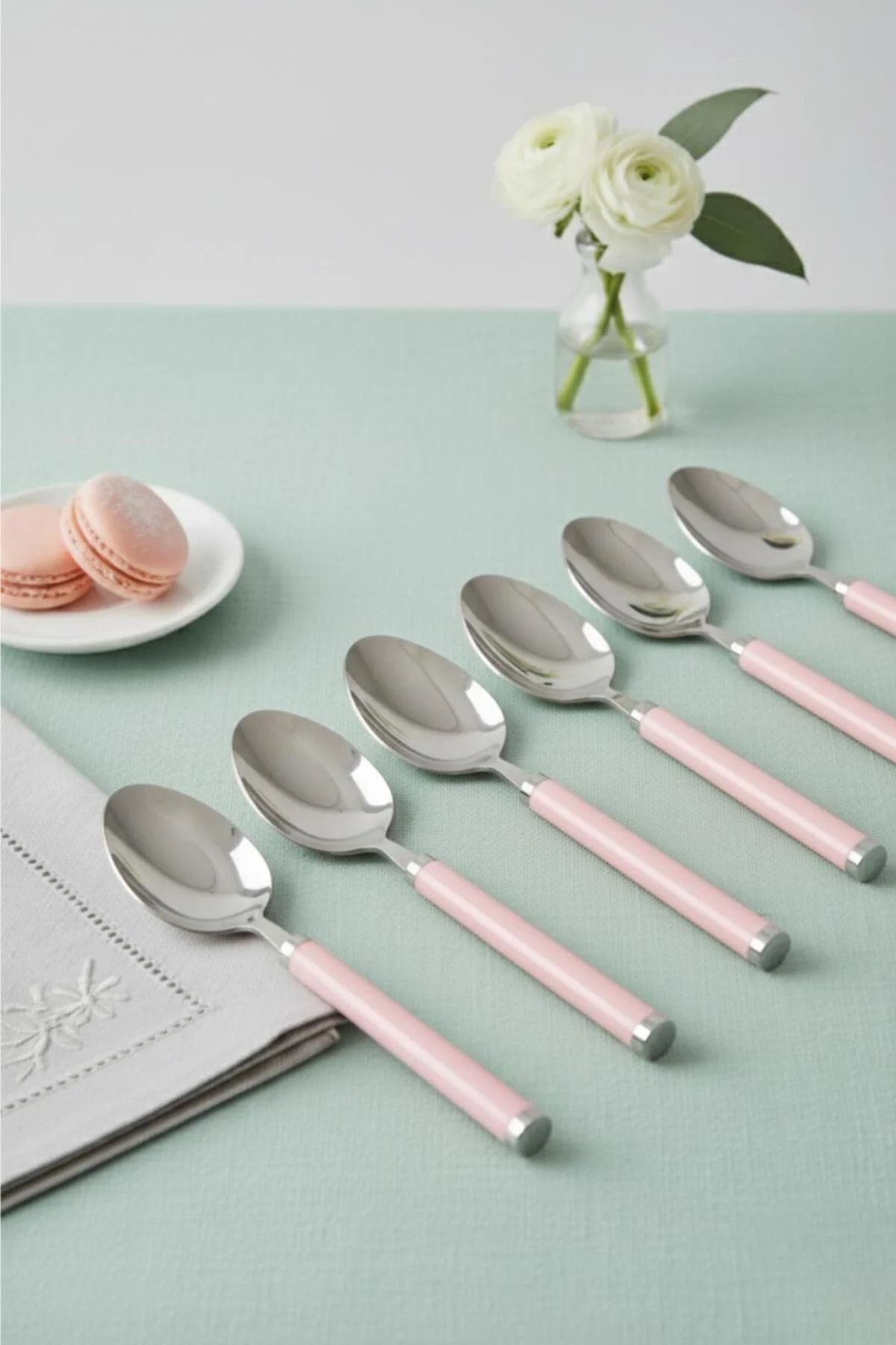 6 lı Paslanmaz Çelik Tatlı Kaşığı Seti Somon Pembe Saplı 15 cm 6 lı Paslanmaz Çelik Tatlı Kaşığı Seti Somon Pembe Saplı 15 cm