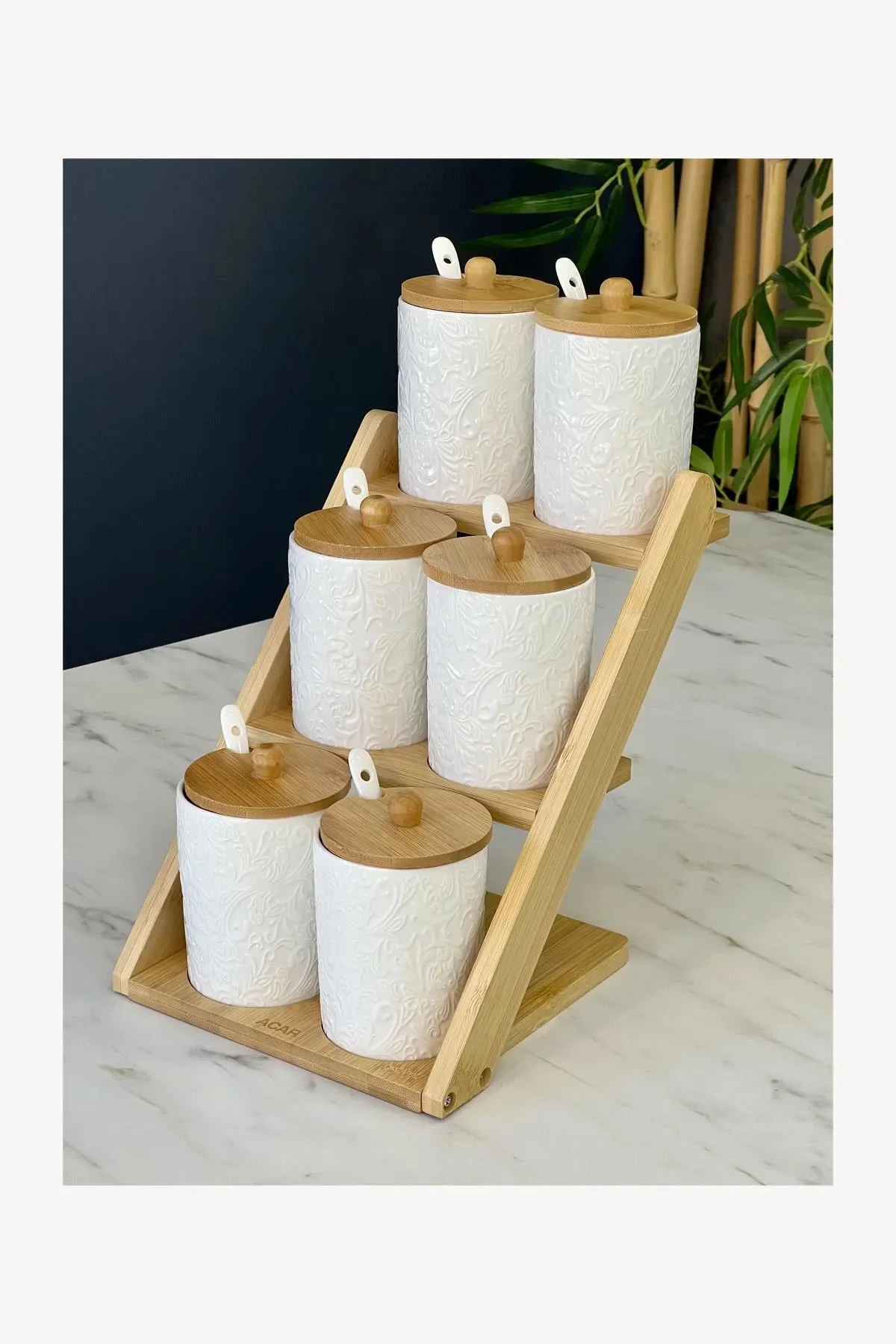 6 Lı Porselen Kaşıklı Baharat Takımı Bambu Standlı Set