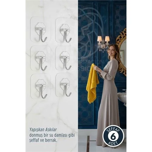 6 lı Şeffaf Yapışkanlı Askı, Mutfak Banyo Duvar Askısı, Çivisiz P