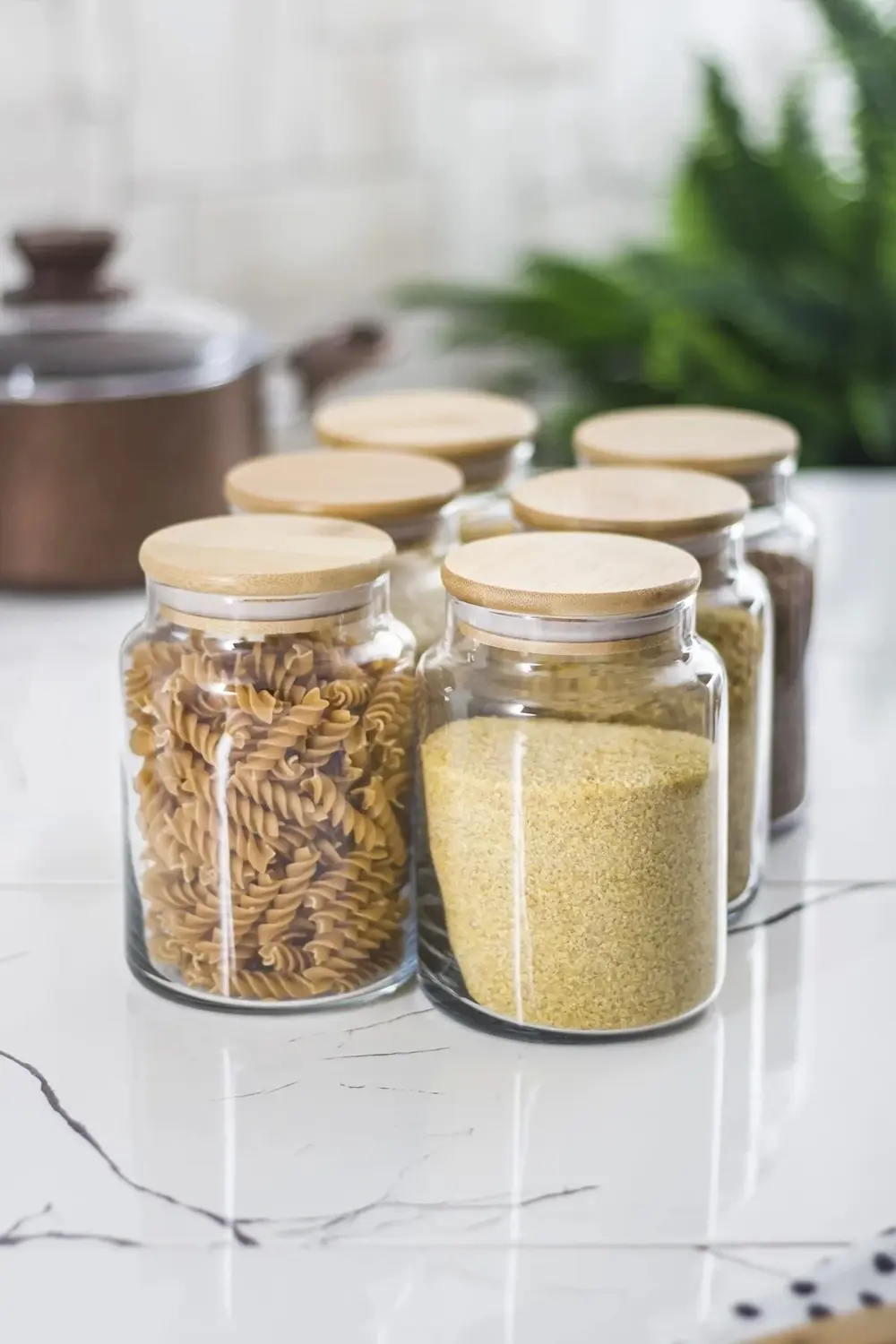 6 Lı Set Bambu Kapaklı Cam Kavanoz & Erzak Saklama Kabı 800 ml Or