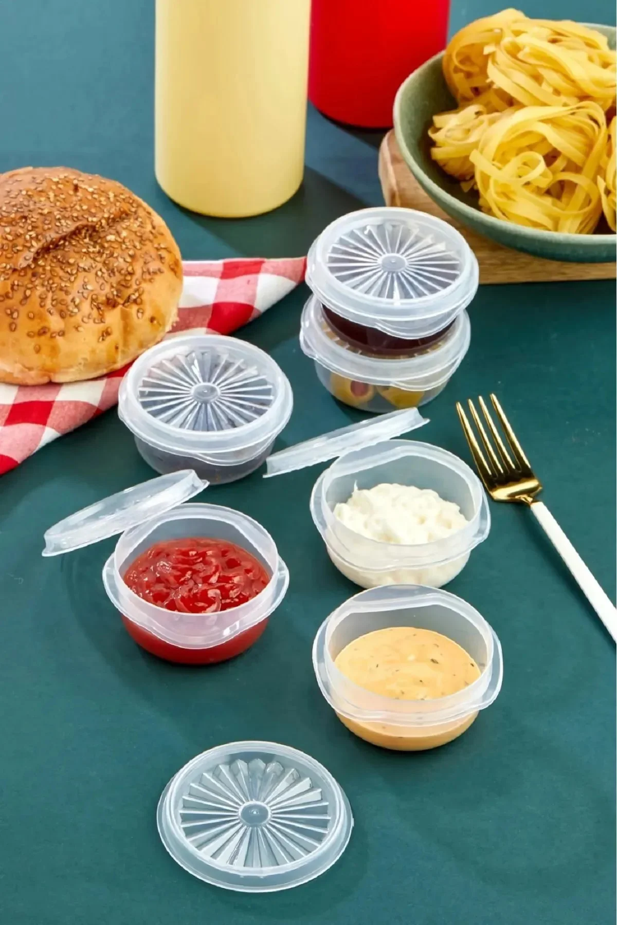 6 lı Yelpaze Kapaklı Şeffaf Mini Sosluk- Ketçap Mayonez Kabı- Kahve Yanı Şeker luk