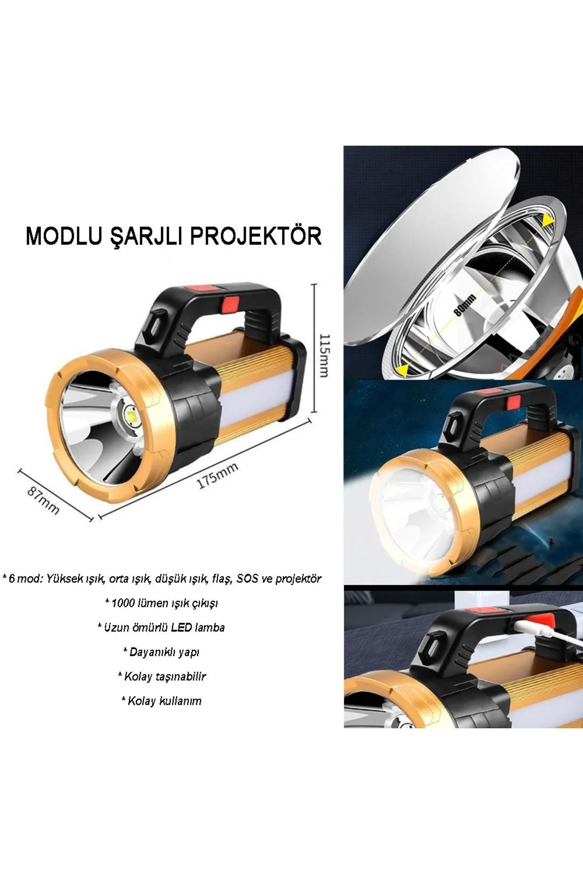 6 Mod Şarjlı EL Feneri Projektör Tipi Watton Wt-615 Siyah