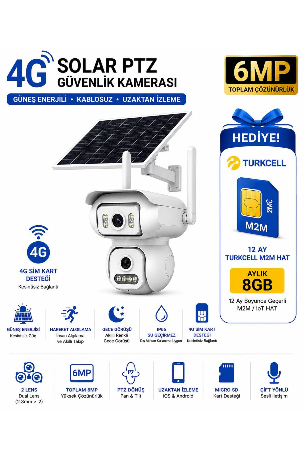 6 MP Solar PTZ Çift Lensli 4G SIM Kartlı Kablosuz Güvenlik Kamerası + 12 Ay Turkcell Hat Hediye 4G-BS-W2 Fiyatı, Yorumları ve Özellikleri
