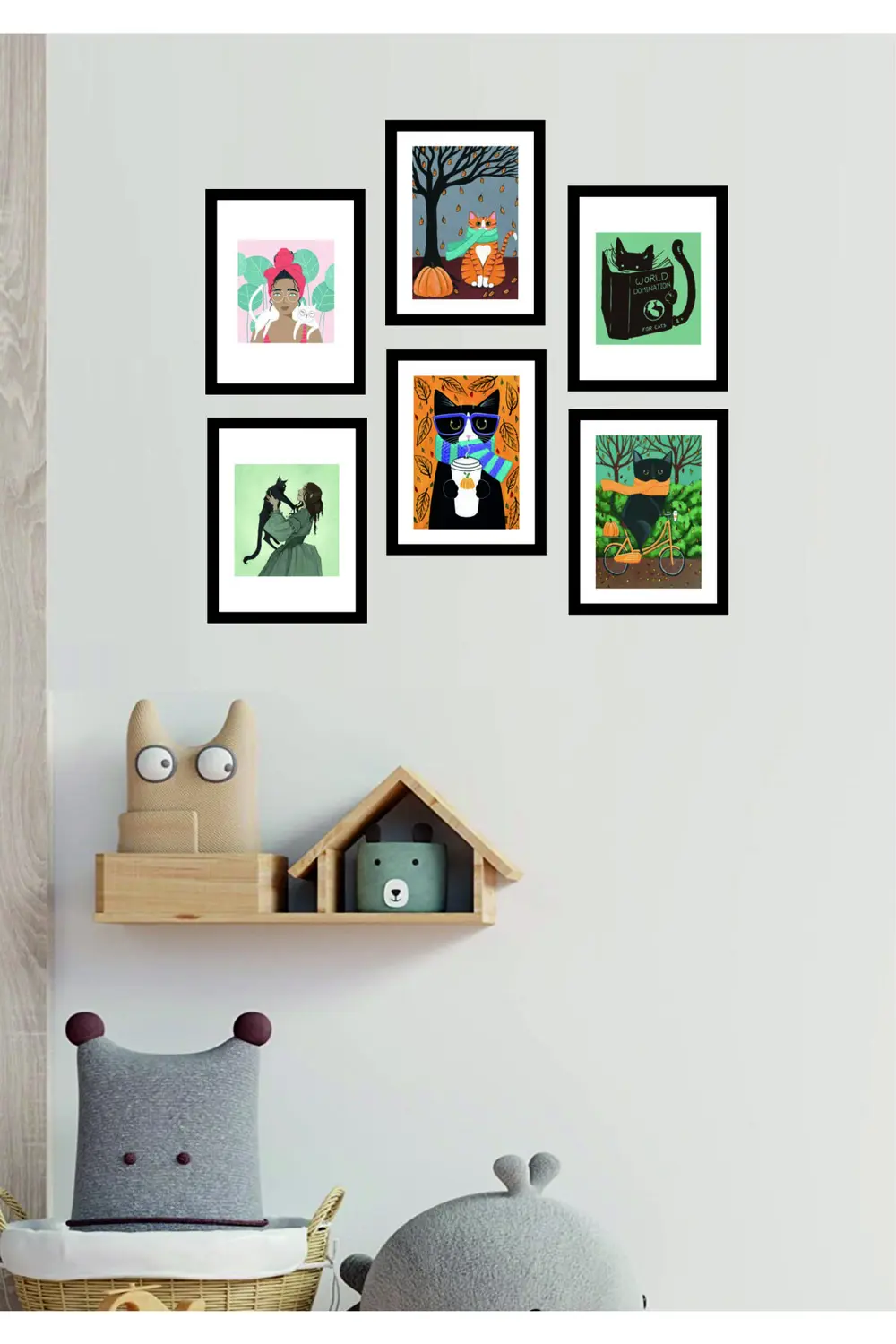 6 Parça Ev Dekarasyon Modern Arkası Yapışkanlı Kedi Dekor Ahşap M