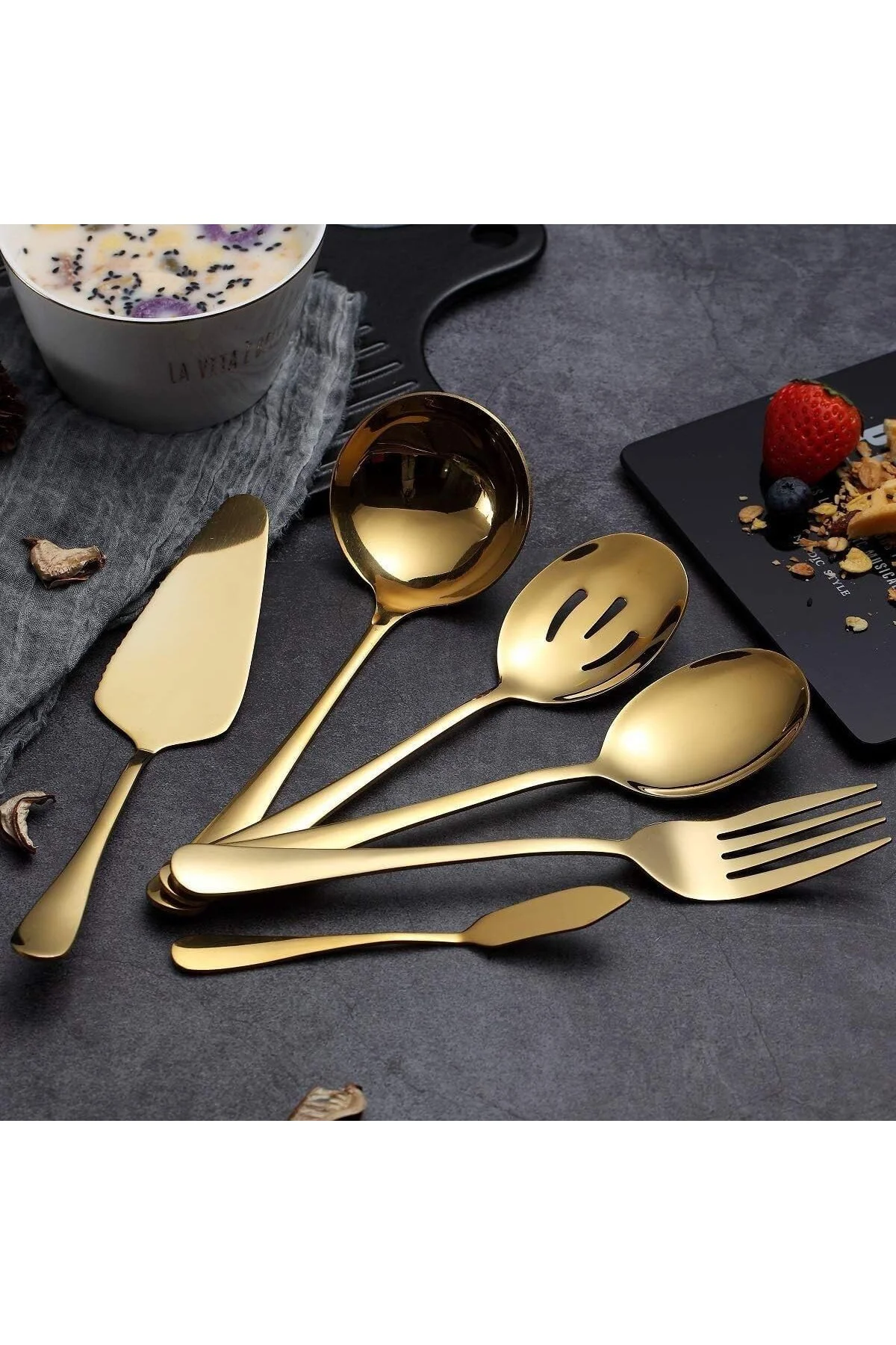 6 Parça Gold Sunum için Servis Kaşığı Kaşık Çatal Ispatula Reçel 