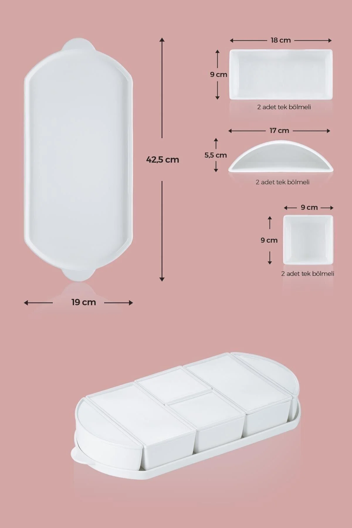 6 Parça Oval Tepsili Porselen Kapaklı Kahvaltı Takımı Seti