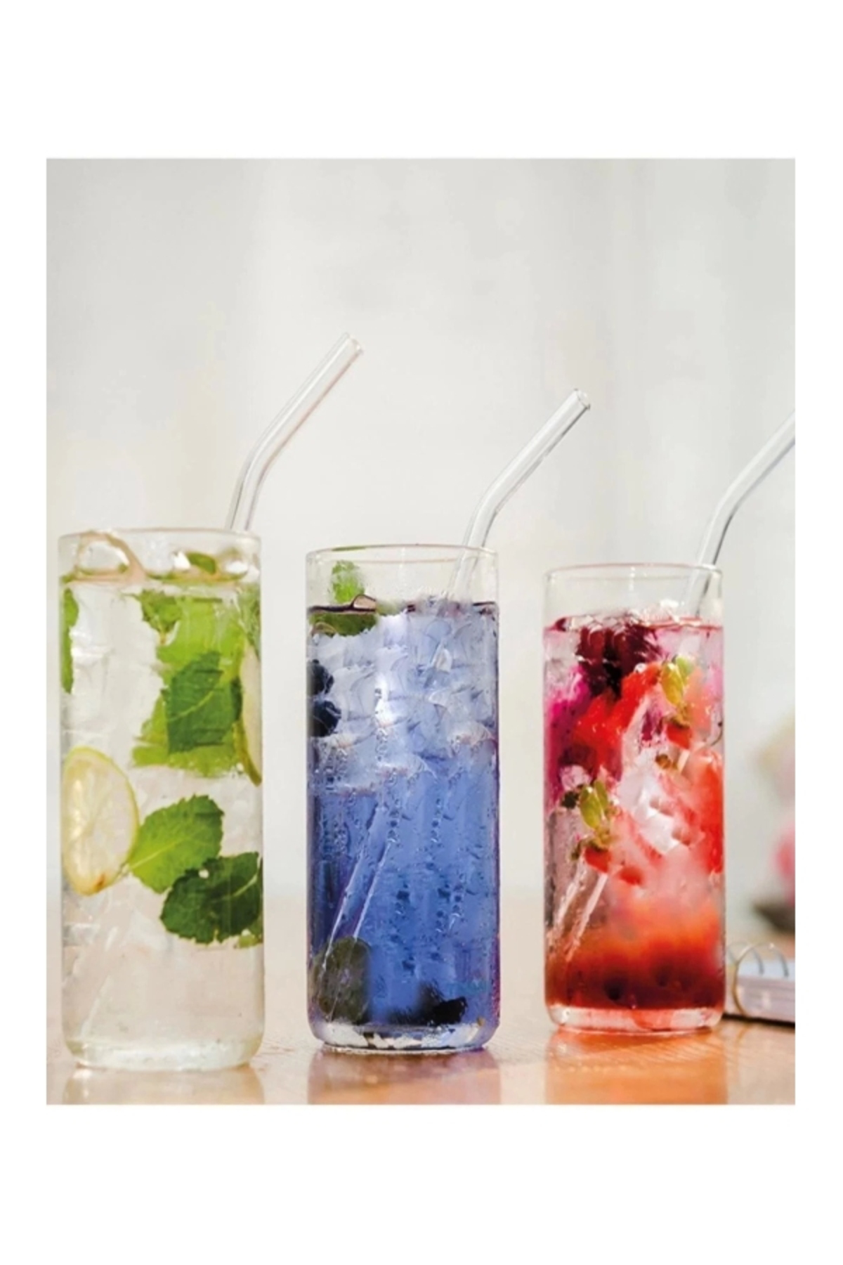 6 Parça Şeffaf Cam Eğimli Pipet Ve Temizleme Fırçası Kokteyl Sunu