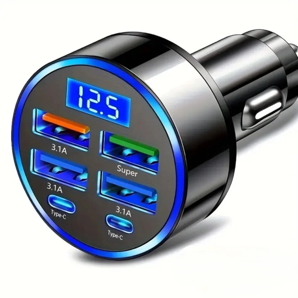 6 Portlu Hızlı Araç Şarj Cihazı – 4 USB + 2 Type-C Çıkışlı Dijital Göstergeli Oto Şarjı