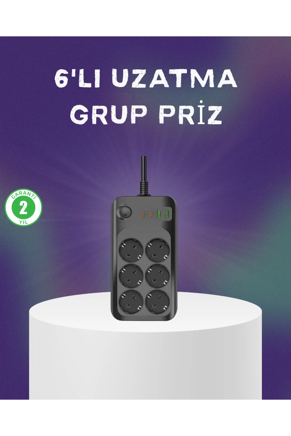 6 Prizli Çoklu Uzatma Kablosu USB Type-C Hızlı Şarj Termal Koruma