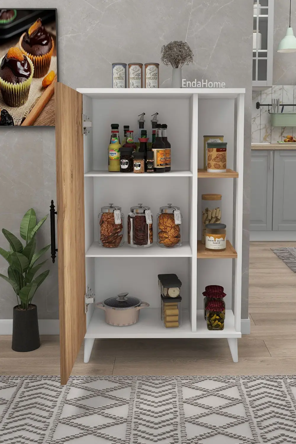 6 Raflı Kapaklı Çok Amaçlı Dolap Beyaz & Çam 97x65x32 cm