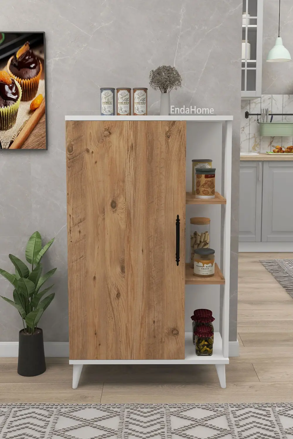 6 Raflı Kapaklı Çok Amaçlı Dolap Beyaz & Çam 97x65x32 cm