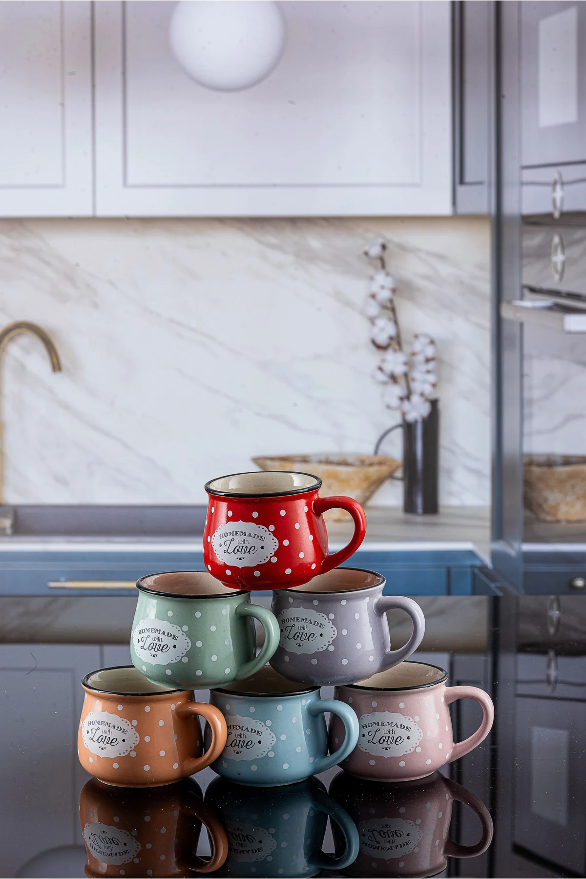 6 Renk Emaye Görünümlü Homemade Love Porselen Tombul Çay Fincanı