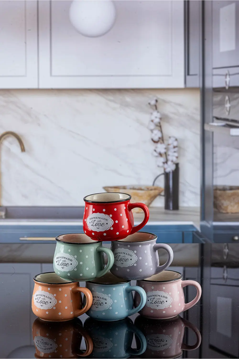 6 Renk Emaye Görünümlü Homemade Love Porselen Tombul Çay Fincanı