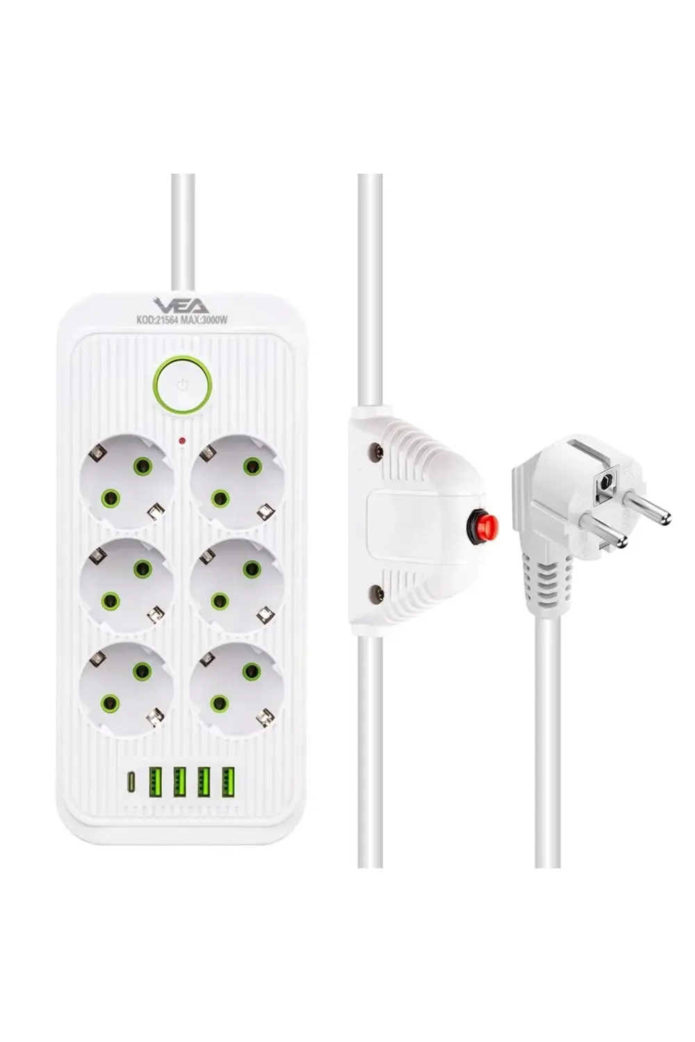 6 Topraklı Prizli 1.5 Metre Kablolu 4 Usb Girişli Beyaz Akım Koru