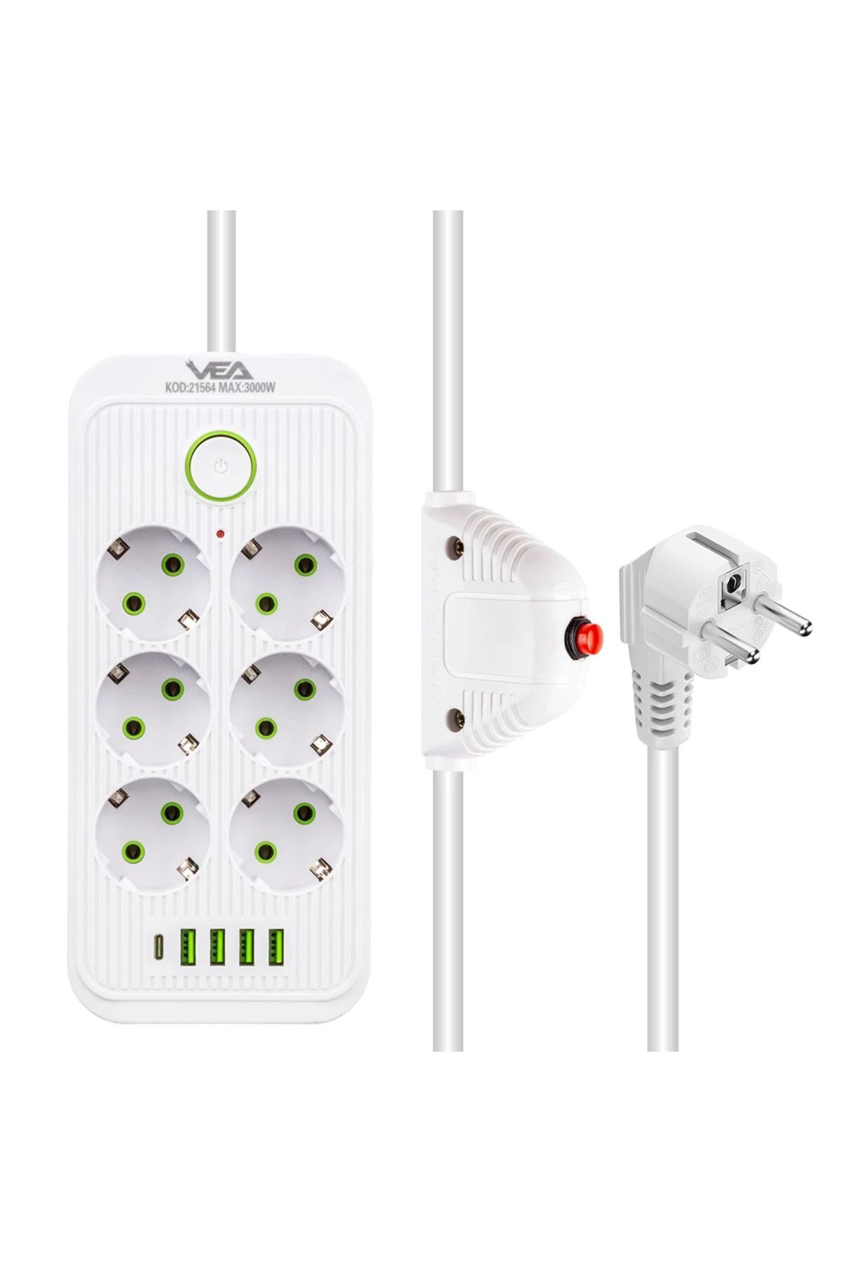 6 Topraklı Prizli 1.5 Metre Kablolu 4 Usb Girişli Beyaz Akım Koru