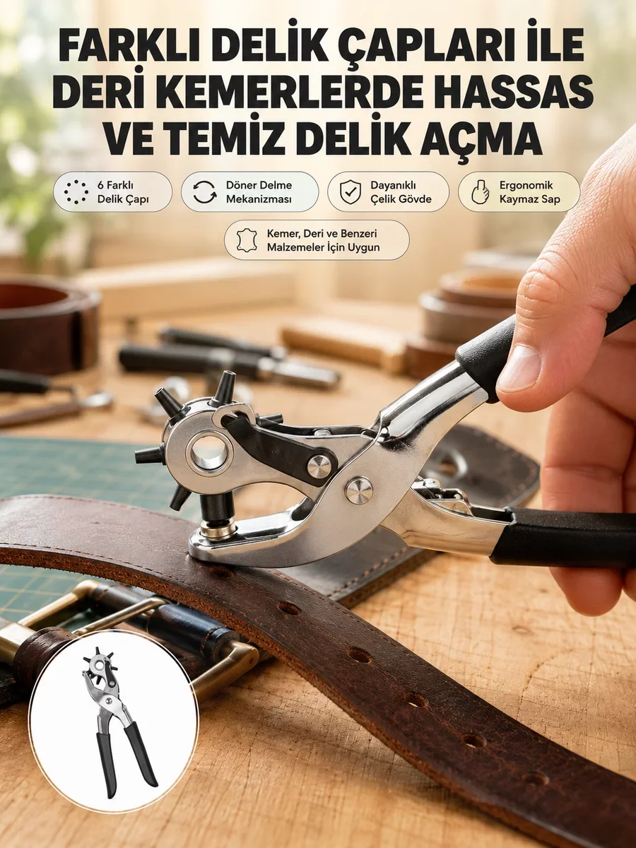 6 Uçlu Deri Delme Pensesi & Kemer Delme Aleti - Profesyonel Kullanım İçin