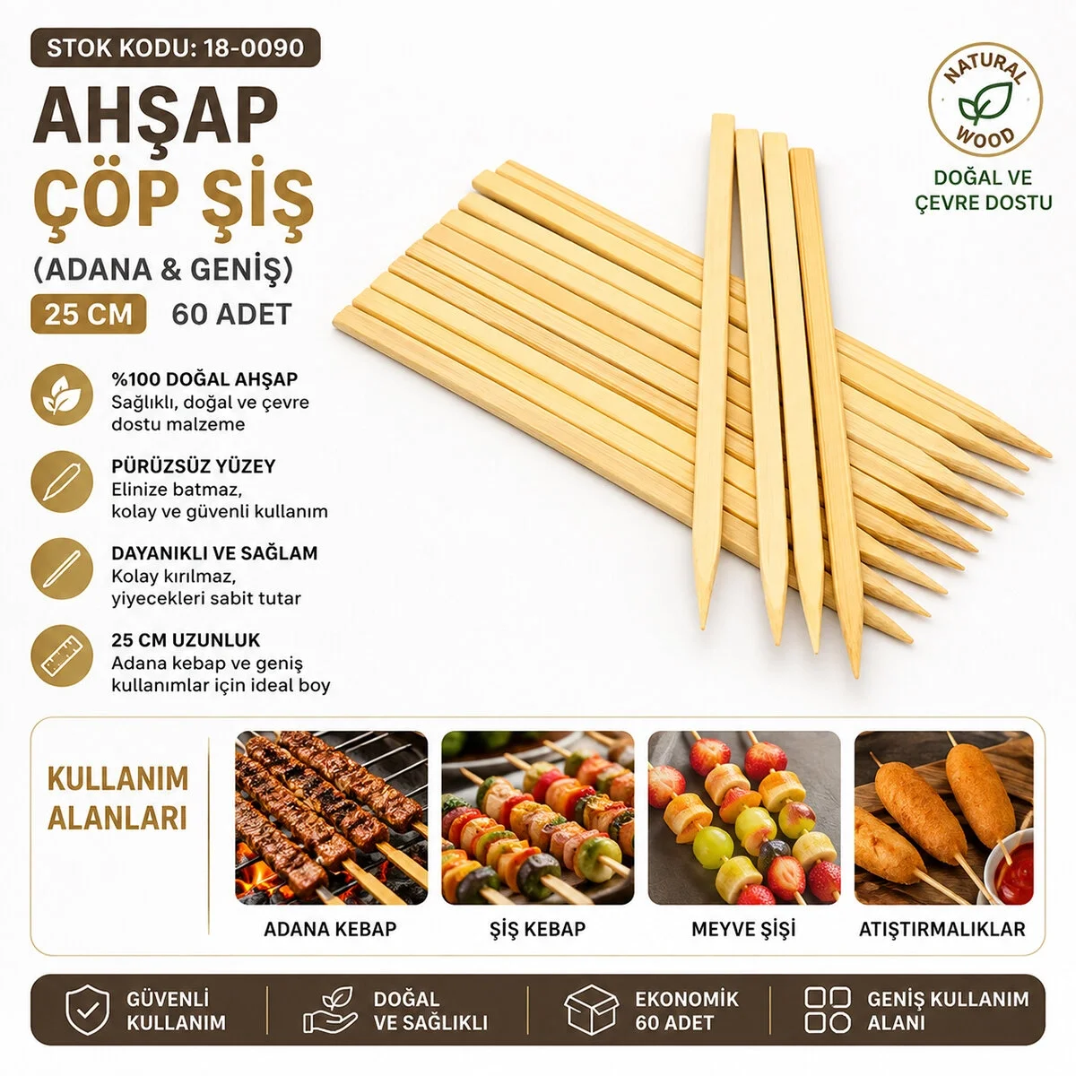 60 Adet Ahşap Geniş Çöp Şiş - Adana Kebap Şişi - 25 cm Fiyatı, Yorumları ve Özellikleri