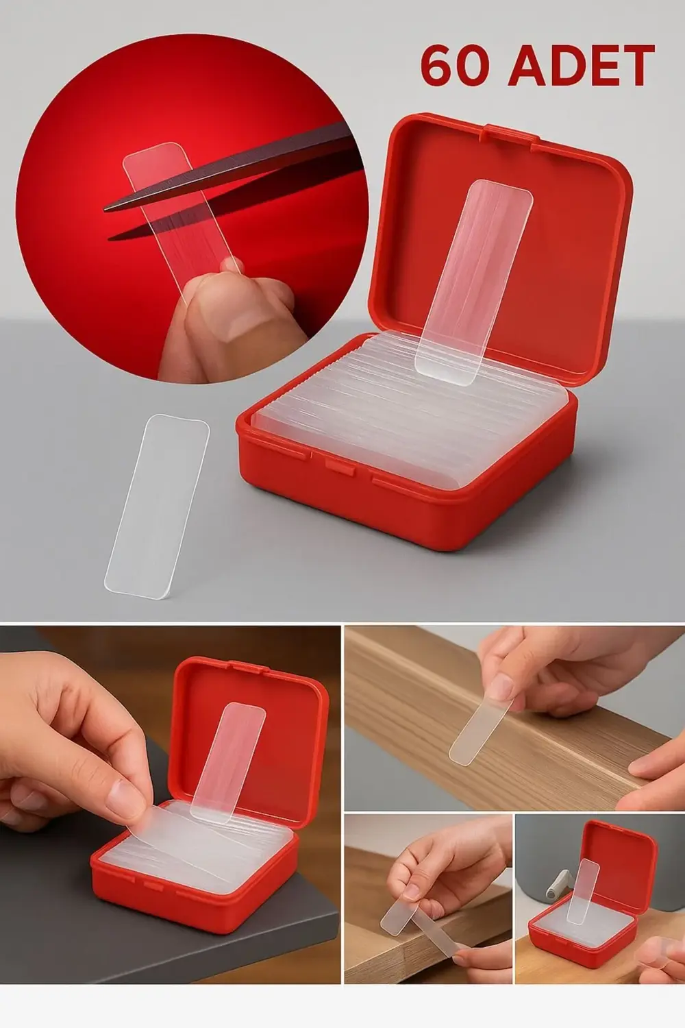 60 Adet Şeffaf Güçlü Çift Taraflı Nano Bant – İz Bırakmaz Yapışka