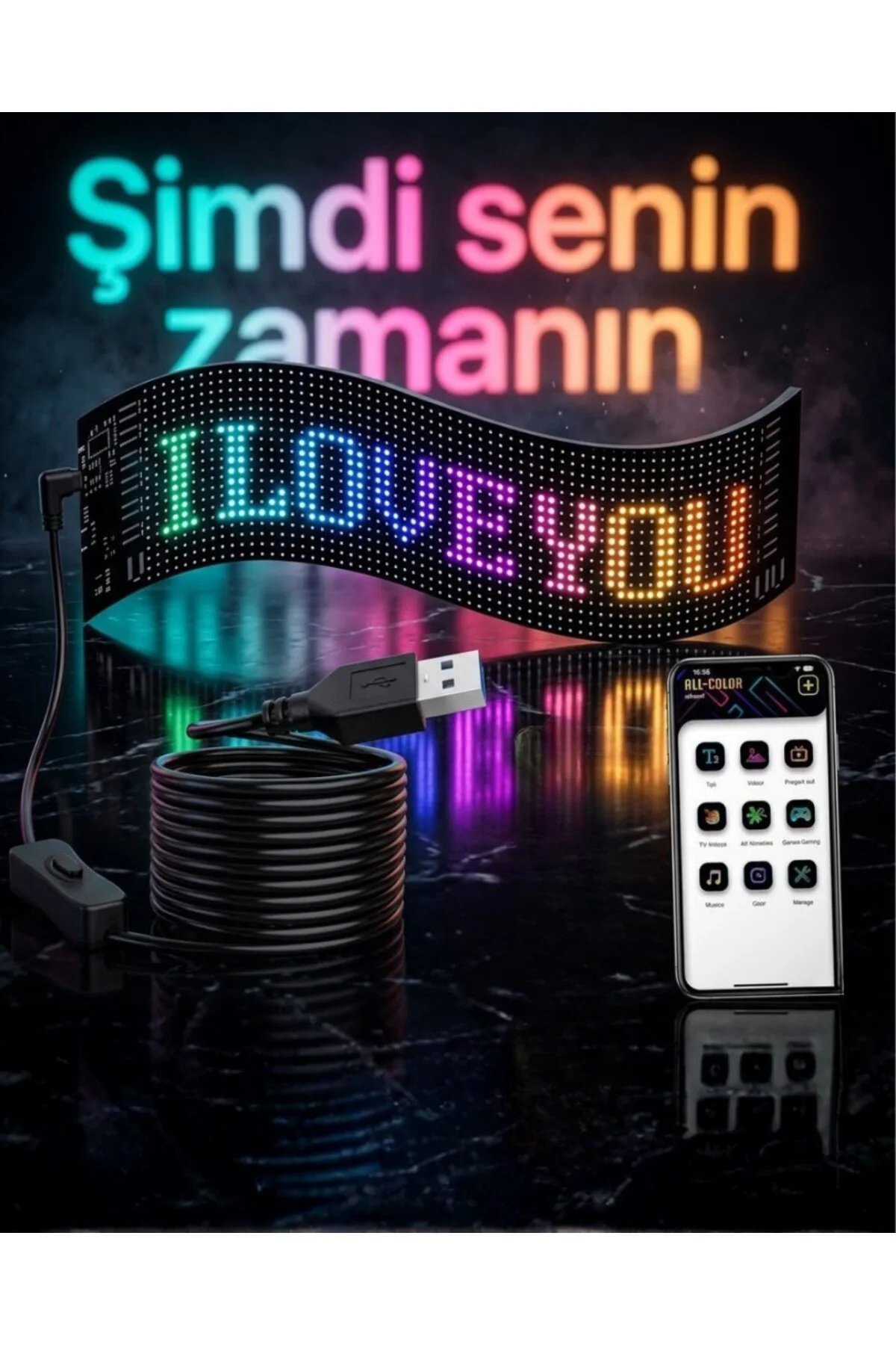 60 cm LED Matrix Panel 16x96 Piksel Bluetooth Kontrollü RGB Kayan Yazı Ekranı