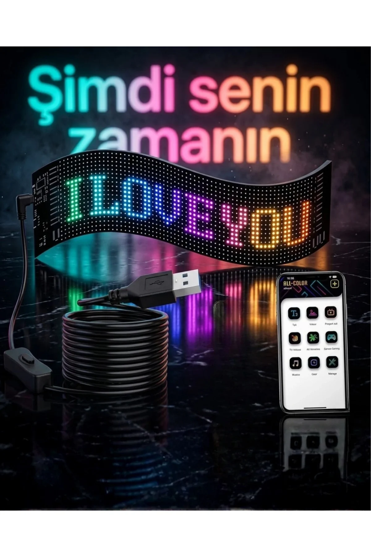 60 Cm Led Matrix Panel 16X96 Piksel Bluetooth Kontrollü Rgb Kayan Yazı Ekranı