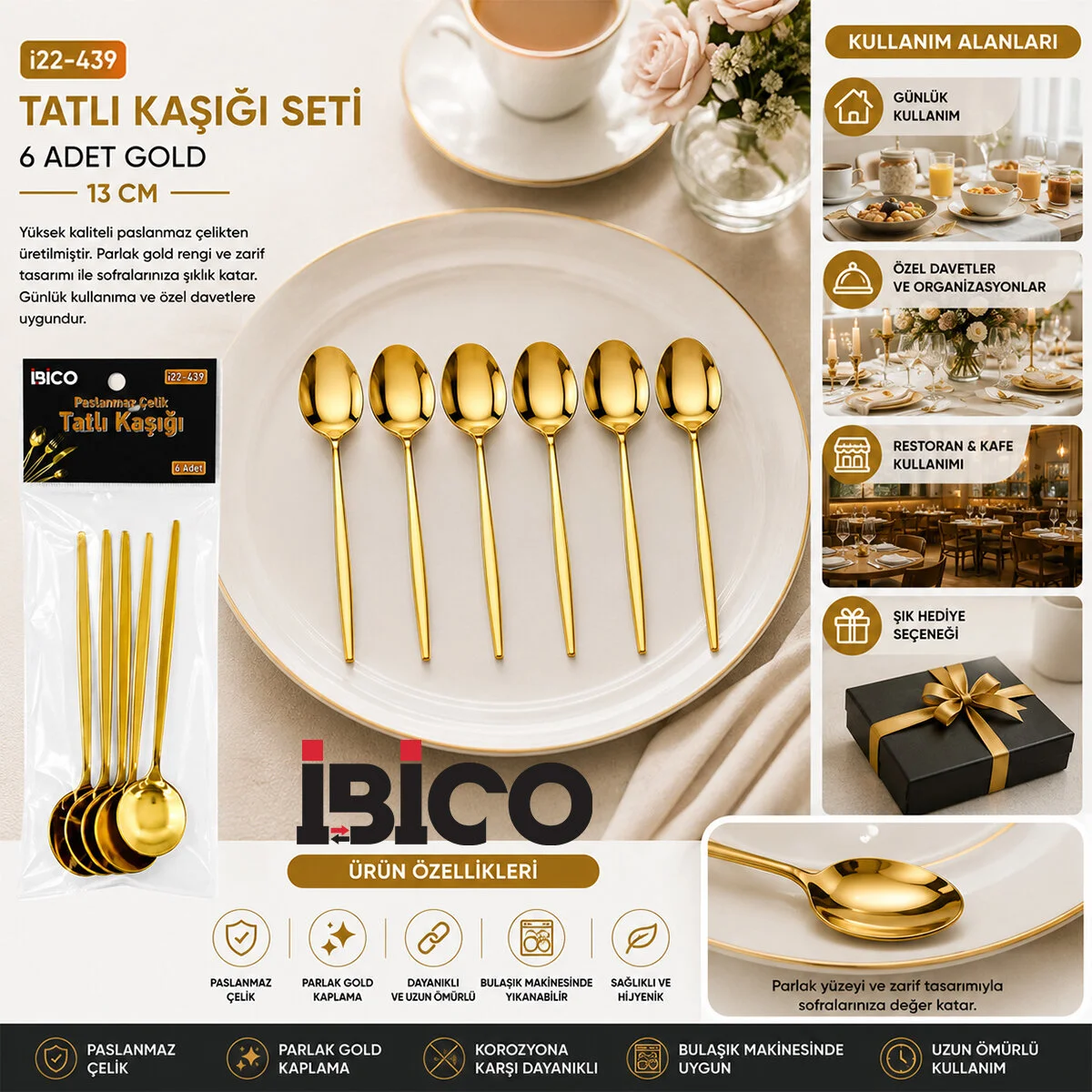 60 Parça Gold Tatlı Kaşık Seti 13CM - 1 Paket İçinde 6 Adet Vardır - 10 Paket Gönderilir Fiyatı, Yorumları ve Özellikleri