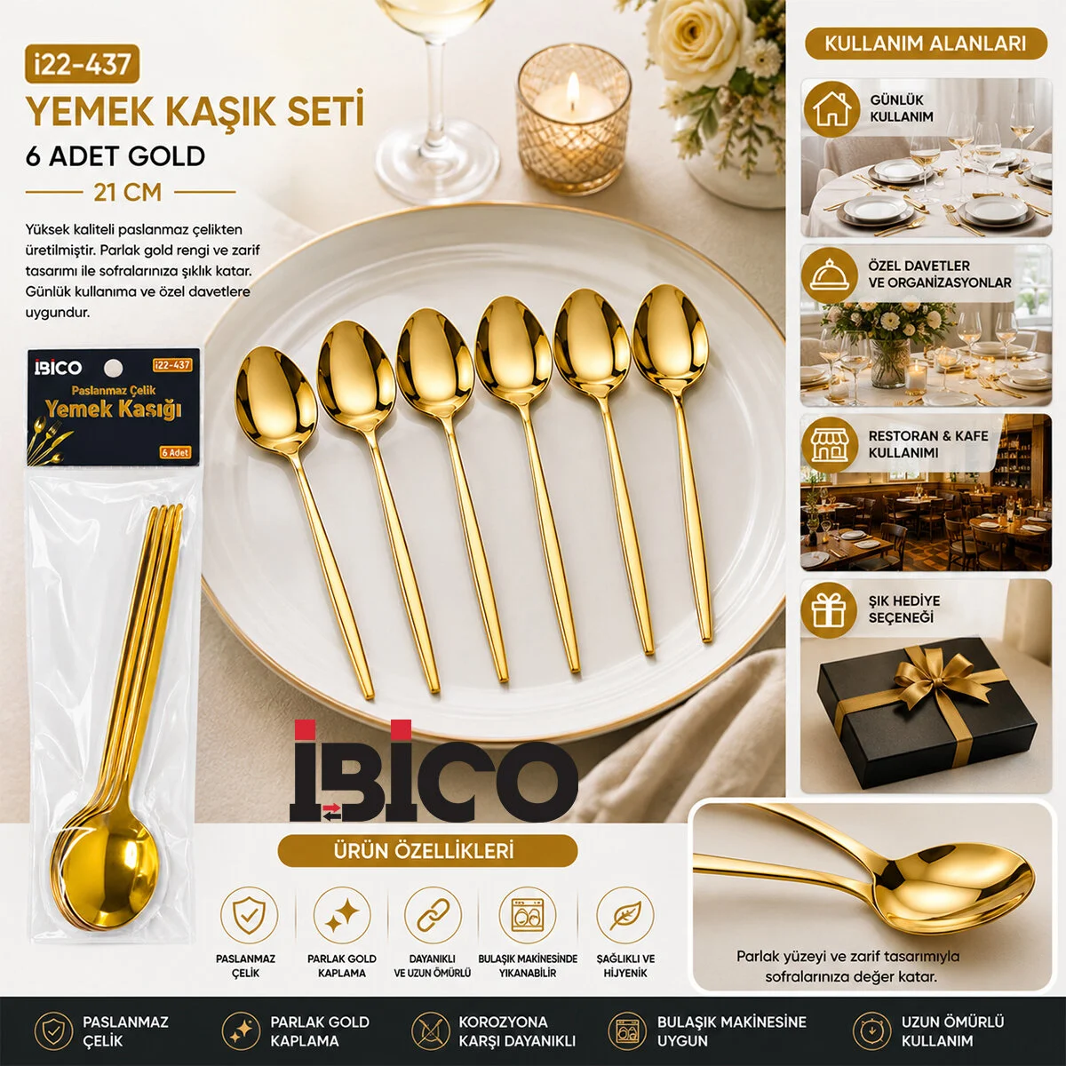 60 Parça Gold Yemek Kaşık Seti 21CM - 1 Paket İçinde 6 Adet Vardır - 10 Paket Gönderilir Fiyatı, Yorumları ve Özellikleri