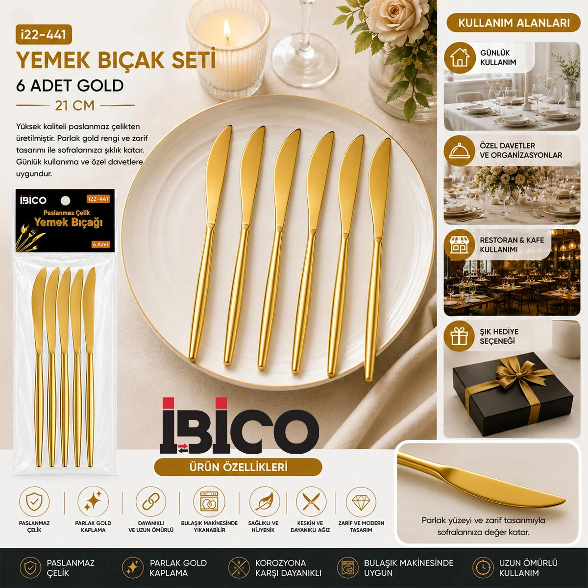 60 Parça Gold Yemek Bıçak Seti 21CM - 1 Paket İçinde 6 Adet Vardır - 10 Paket Gönderilir Fiyatı, Yorumları ve Özellikleri