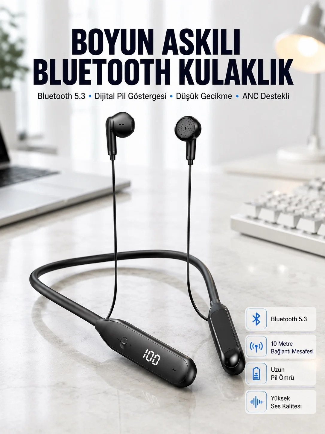 60 Saat Kablolu Boyun Askılı Dijital Göstergeli Bluetooth Kulaklığı Yeni Nesil