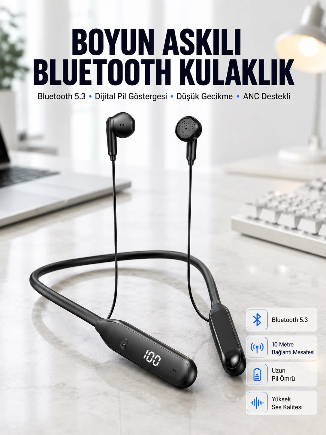 60 Saat Kablolu Boyun Askılı Dijital Göstergeli Bluetooth Kulaklığı Yeni Nesil
