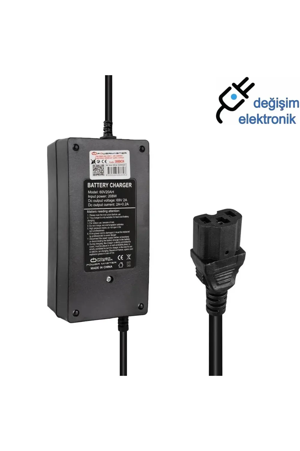 60 Volt 20 Amper C16 Erkek Uçlu Elektrikli Bisiklet Şarj Cihazı